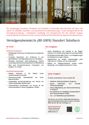 Vermögensberater/in (80-100%) Standort Solothurn Vermögensberater/in (80-100%) Standort Solothurn
